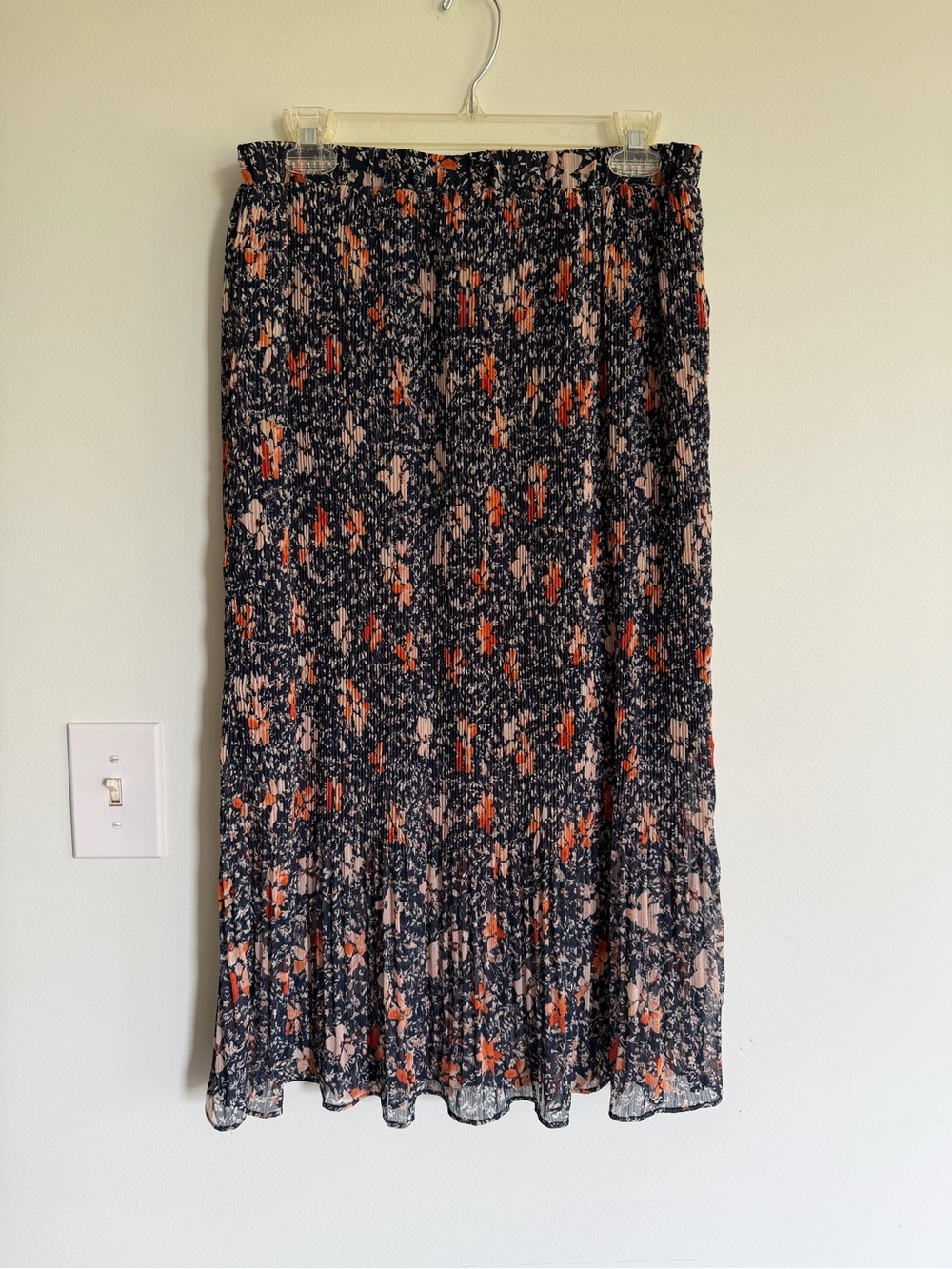 Mystree Pleated Floral Midi Skirt in Navy and Coral Boho Cottagecore